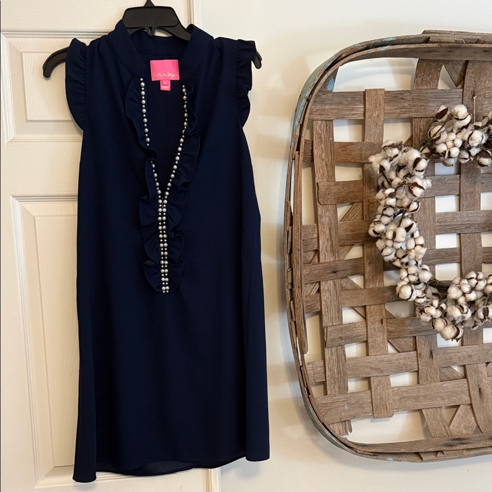 NWOT Lilly Pulitzer Navy Ruffle Pearl Sleeveless Shift Dress